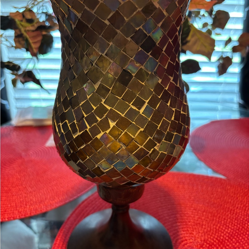 Mosaic Glass Vase with Iridescent Tiles with candle holder in middle.